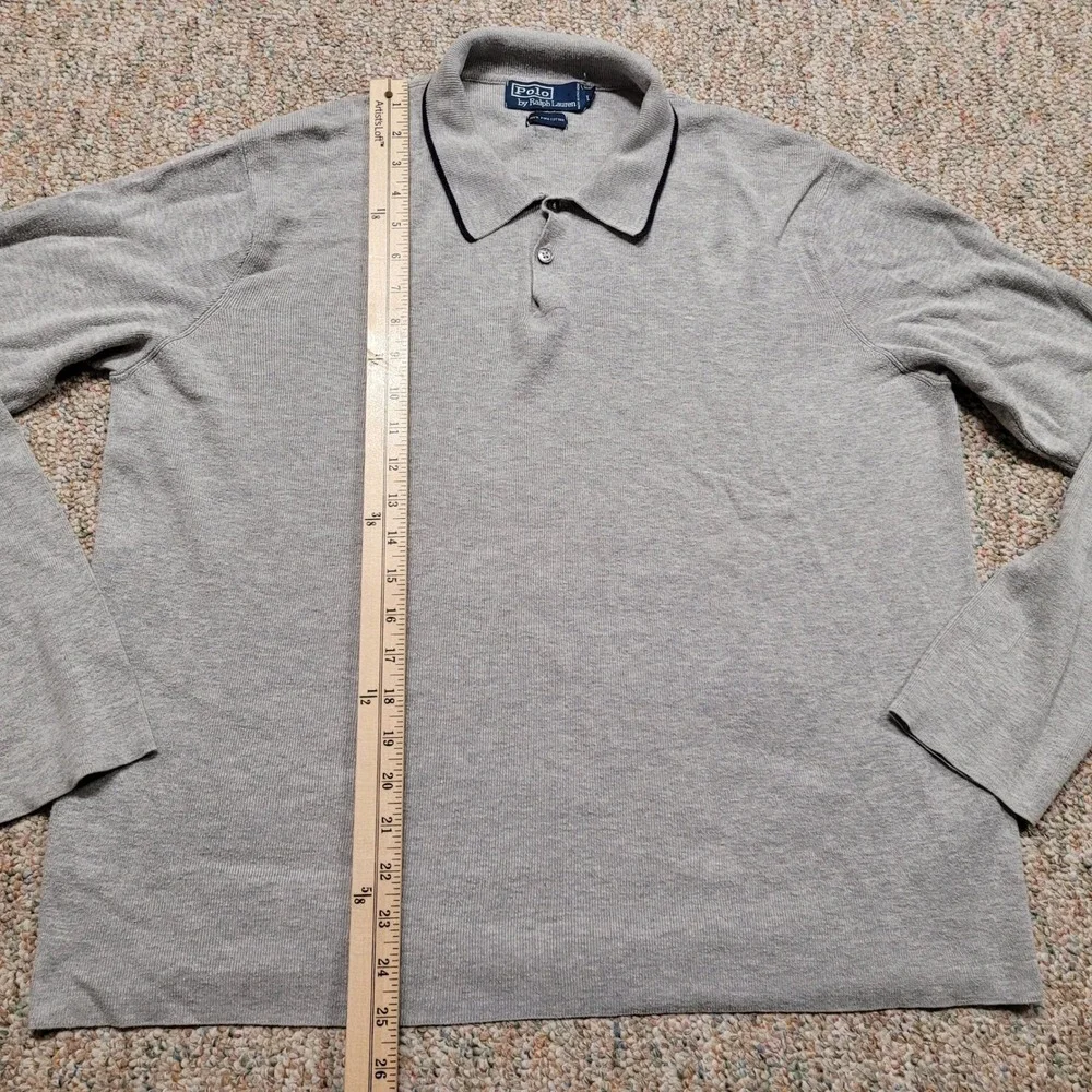 Polo Ralph Lauren Knit Polo Shirt Men Large Gray Pima Cotton Long Sleeve Vintage